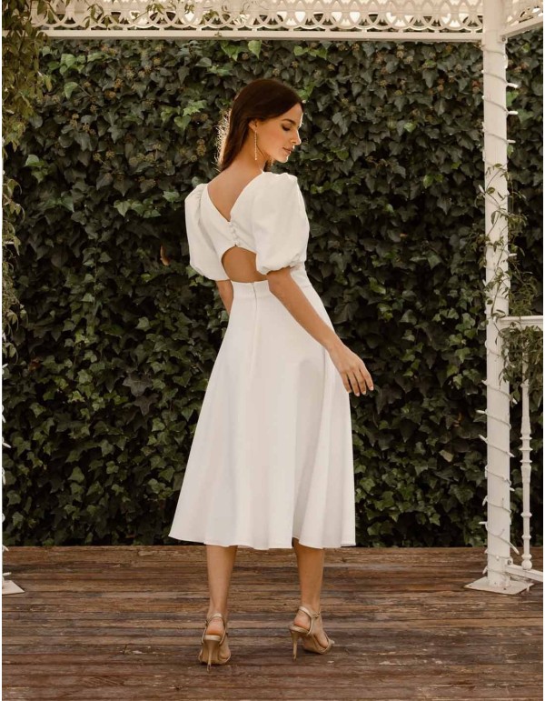 Vestido midi de novia con manga farol 2