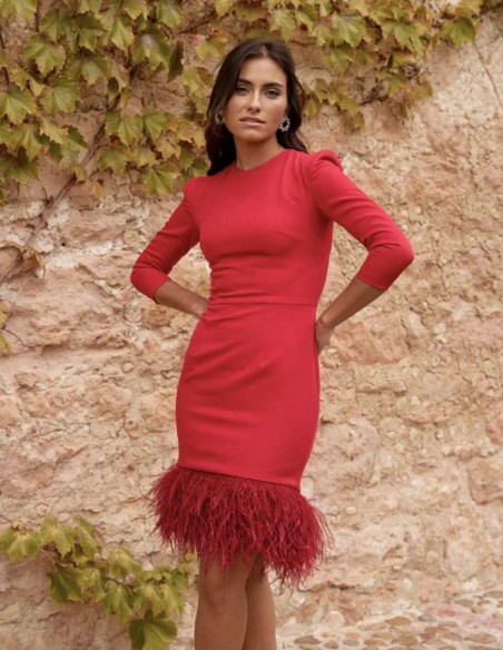 red party dress with feathers and French sleeves with shoulder pads