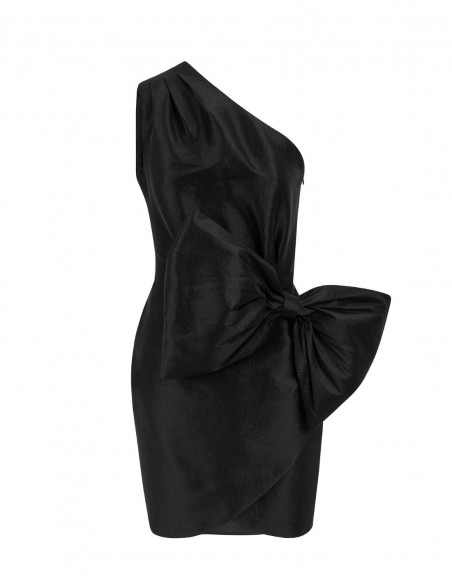 Short party dress with asymmetrical neckline and maxi bow