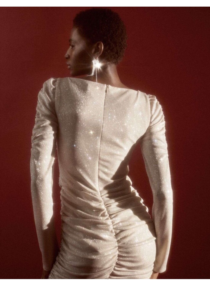 Short draped party dress in shimmering fabric