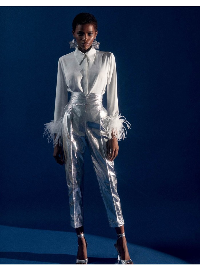 Party shirt with feathers and jewelled button