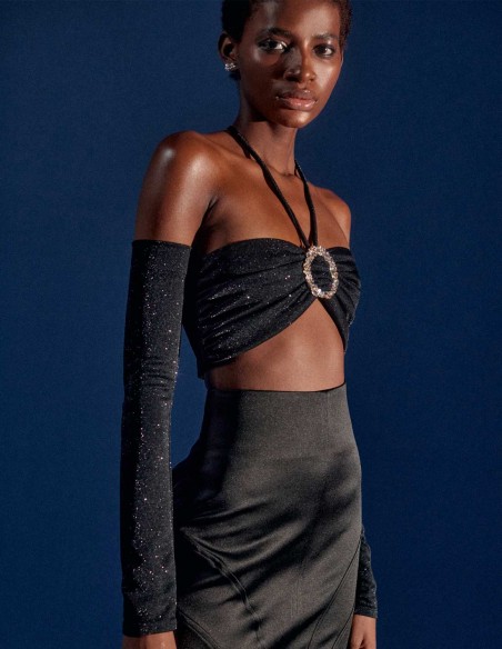 Party crop top with central jewel and removable sleeves