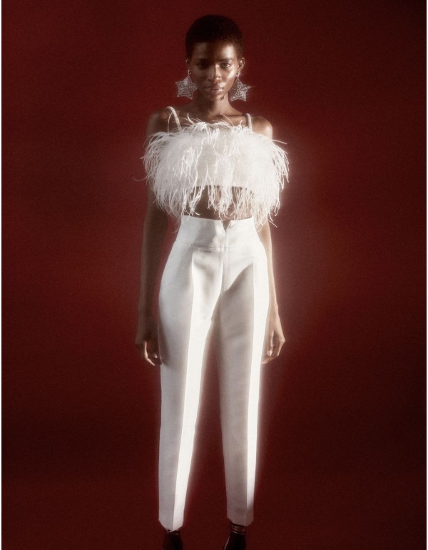 Long party trousers with wide waistband and wide waistband with V detail