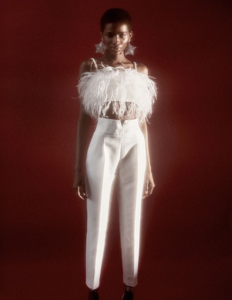 Long party trousers with wide waistband and wide waistband with V detail