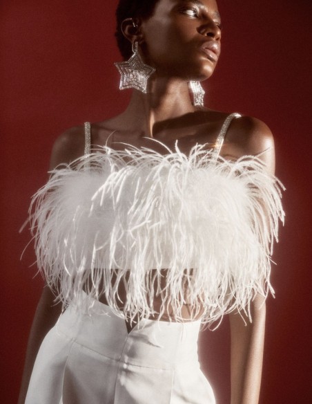 Top de fiesta con plumas y tirantes de strass