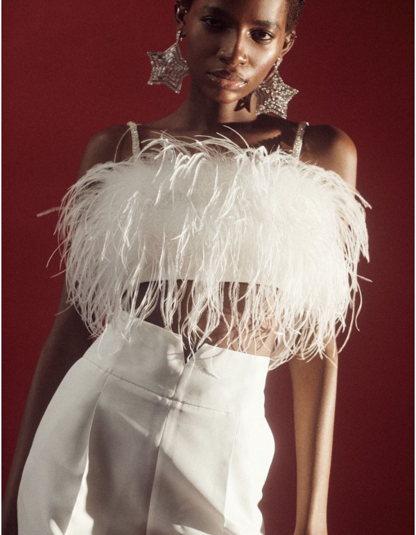 Party top with feathers and rhinestone straps