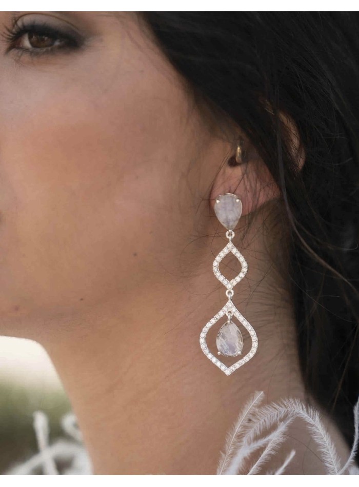 Pendientes de fiesta largos con piedras naturales y circonitas plateado-1