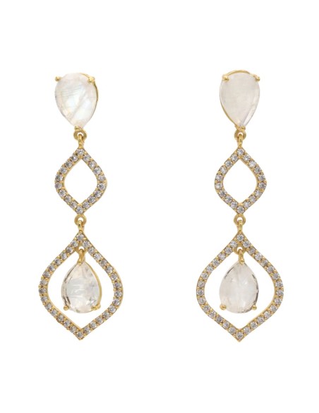 Long party earrings with natural stones and gold plated zirconias