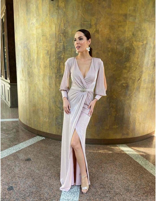 Long party dress with glitter and slashed long sleeves 2