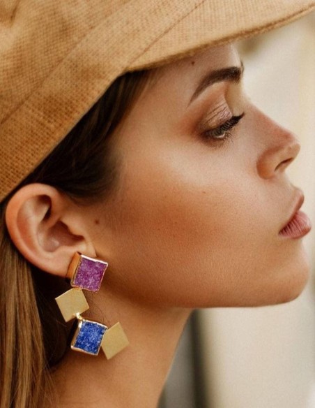 Gold party earrings with colored geometric stones