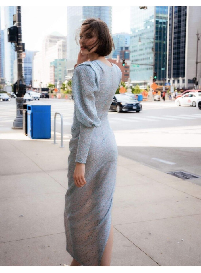 Long party dress with maxi side slit and puffed...