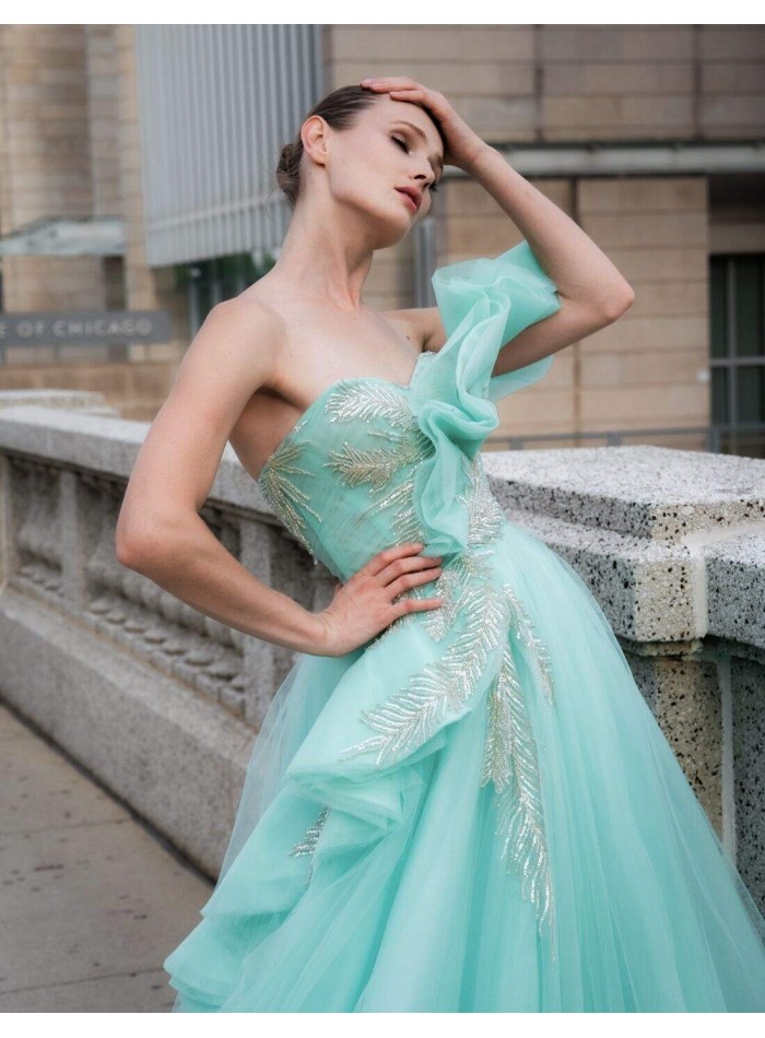 Long tulle party dress with rhinestones and...