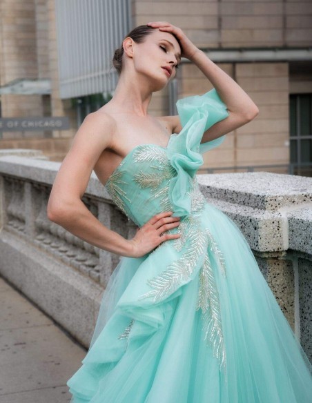 Long tulle party dress with rhinestones and flounce detail