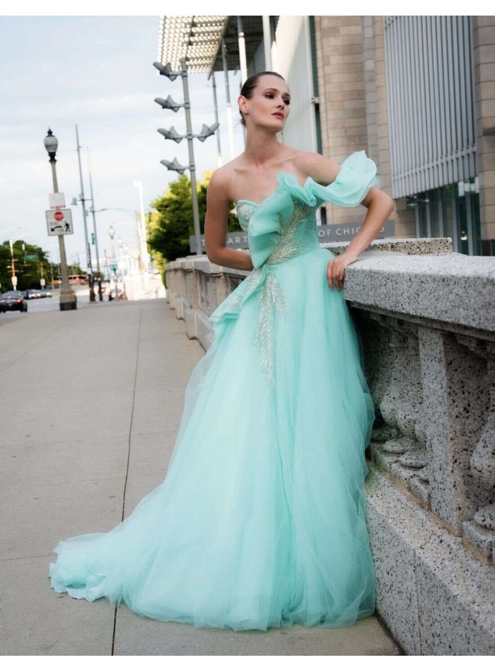 Long tulle party dress with rhinestones and...
