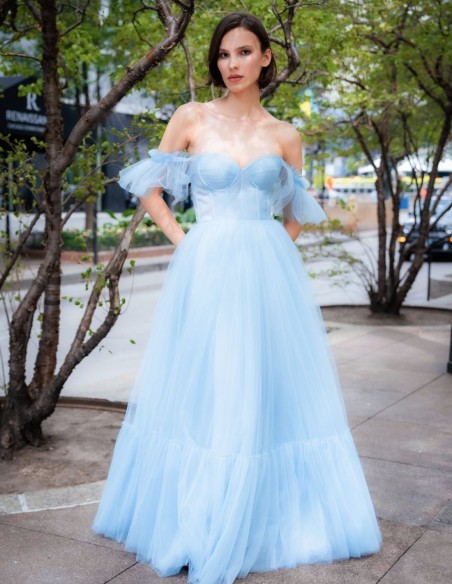Long tulle party dress with corset style bodice and dropped sleeves