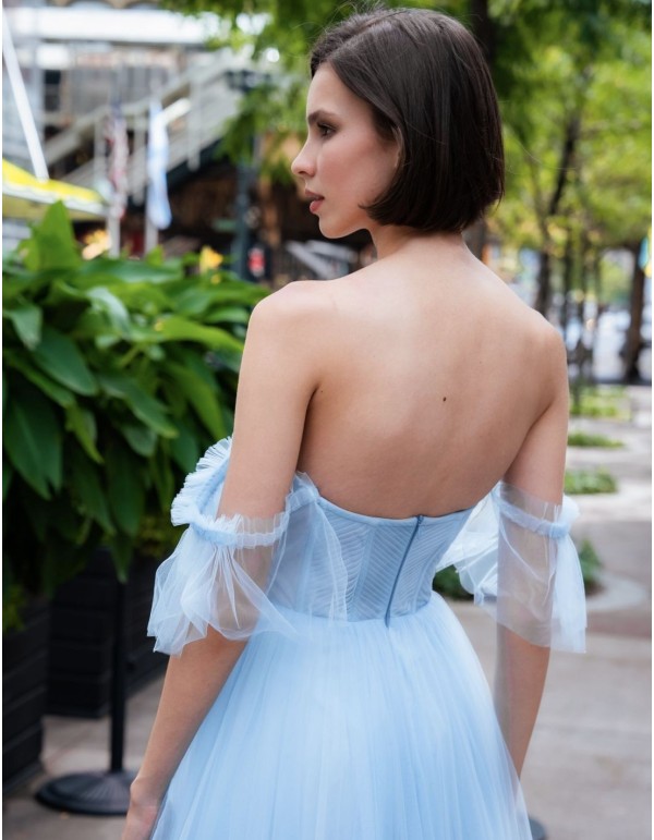 Long tulle party dress with corset style bodice and dropped sleeves 2
