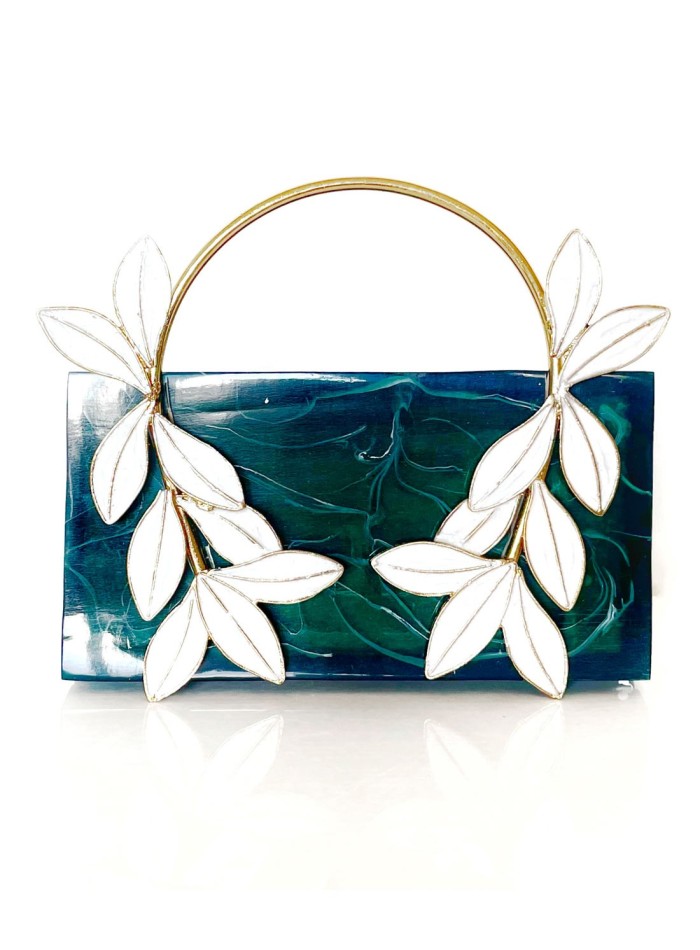 Bolso nacarado duro de color verde con asas hojas de gran calidad