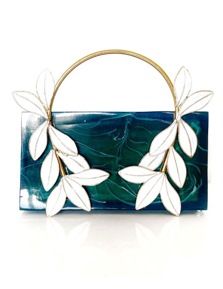 Hard pearly clutch bag in green with high quality leaf handles