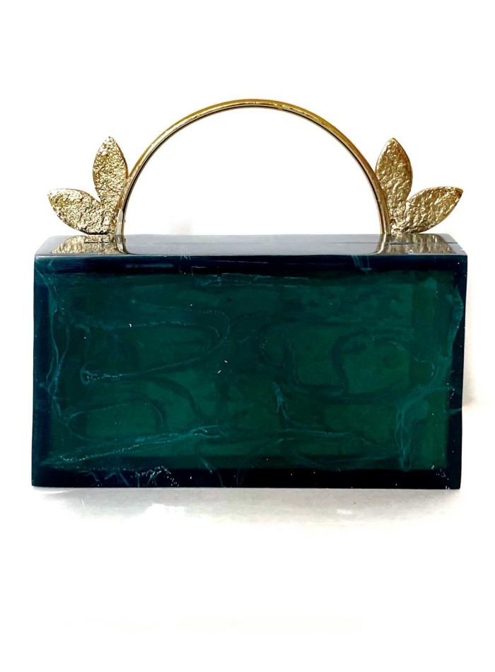 Hard pearly clutch bag in green with high...