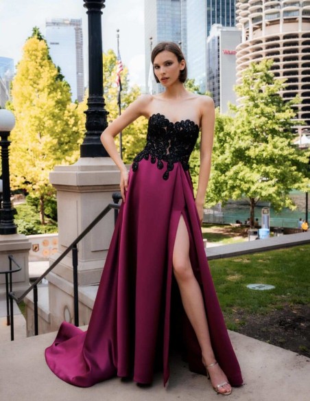 Long party dress with beaded embroidered top and side slit skirt