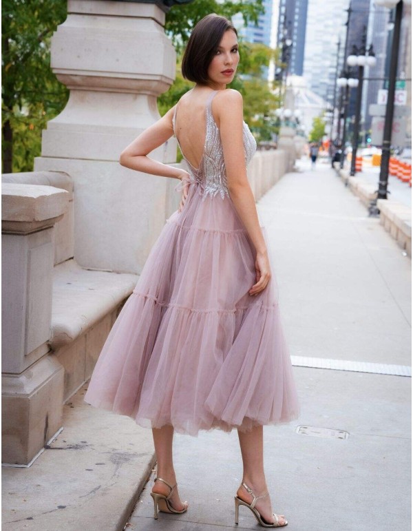 Midi party dress with beaded bodice and panelled skirt 2