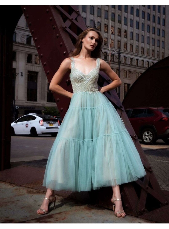 Midi party dress with beaded bodice and panelled skirt