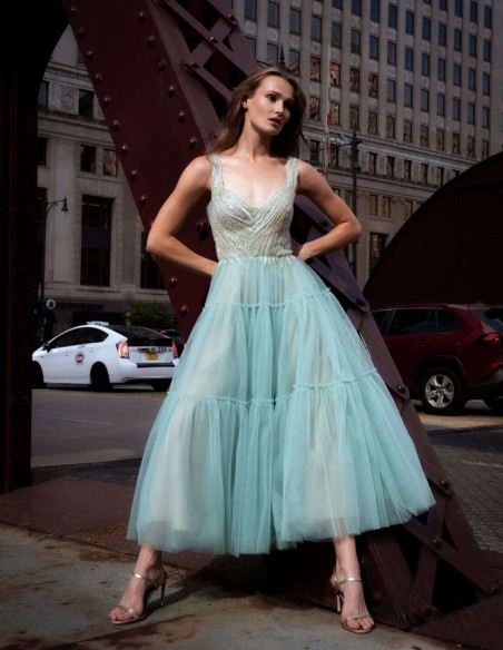 Midi party dress with beaded bodice and panelled skirt