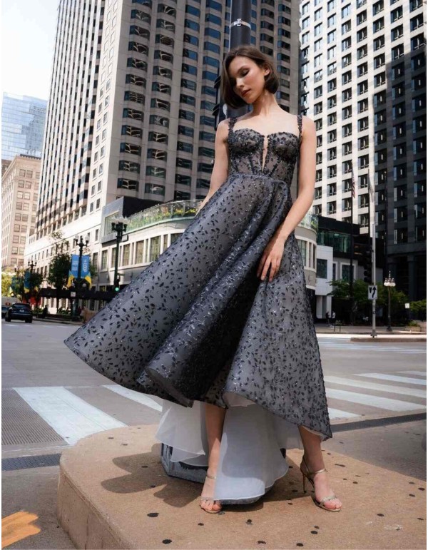 Midi party dress with corset bodice and asymmetrical skirt with shiny embroidery 2