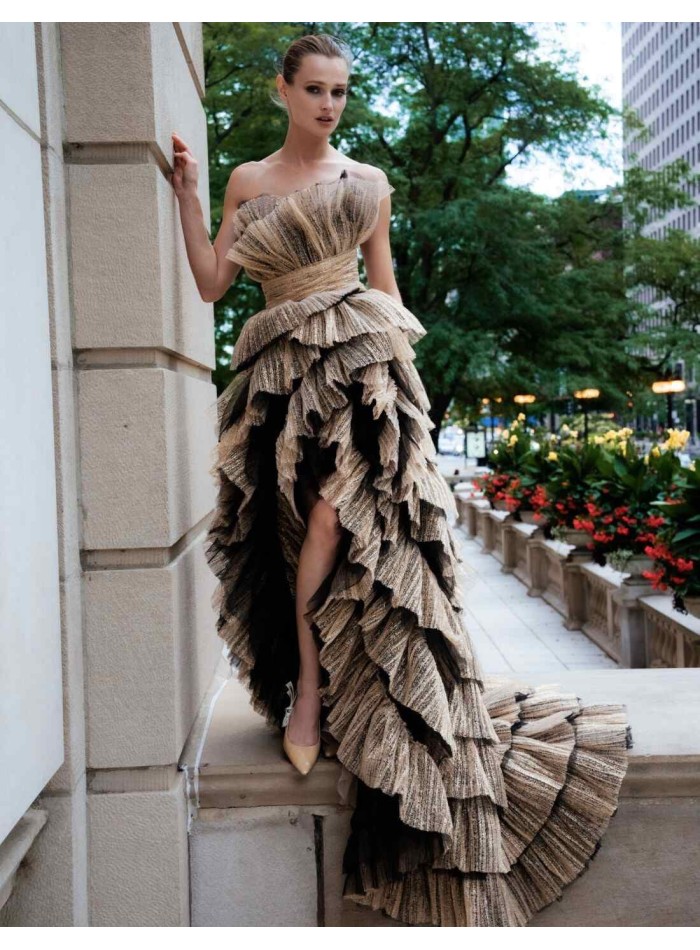 Asymmetrical party dress with tulle layers in shiny fabric