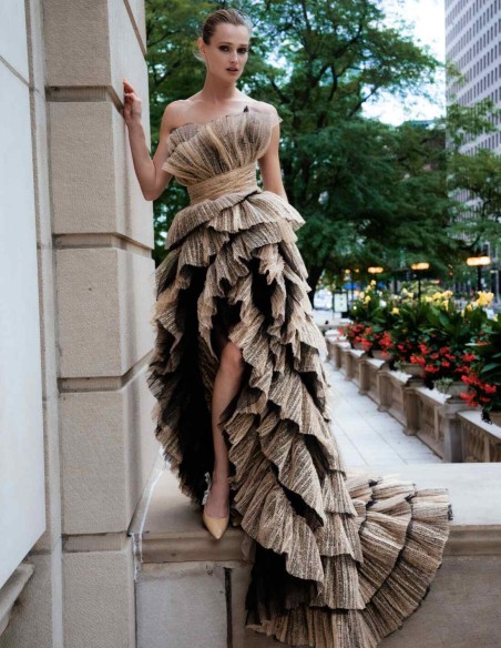 Asymmetrical party dress with tulle layers in shiny fabric