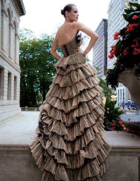 Asymmetrical party dress with tulle layers in shiny fabric