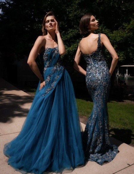 Robe longue de soirée à coupe sirène avec motif floral et transparences