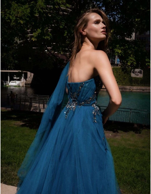 Long tulle party dress with draped bodice and rhinestones 2