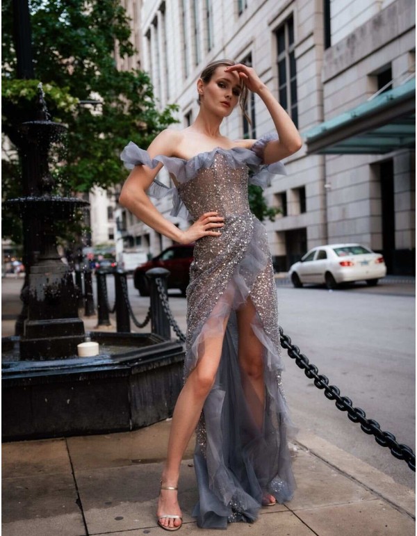 Asymmetric party dress with ruffles and sequins