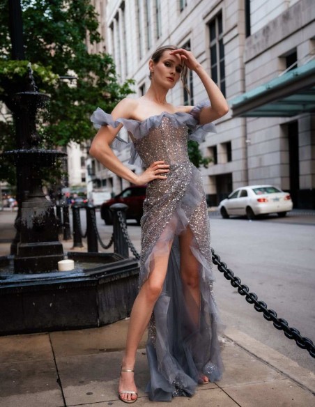 Asymmetric party dress with ruffles and sequins