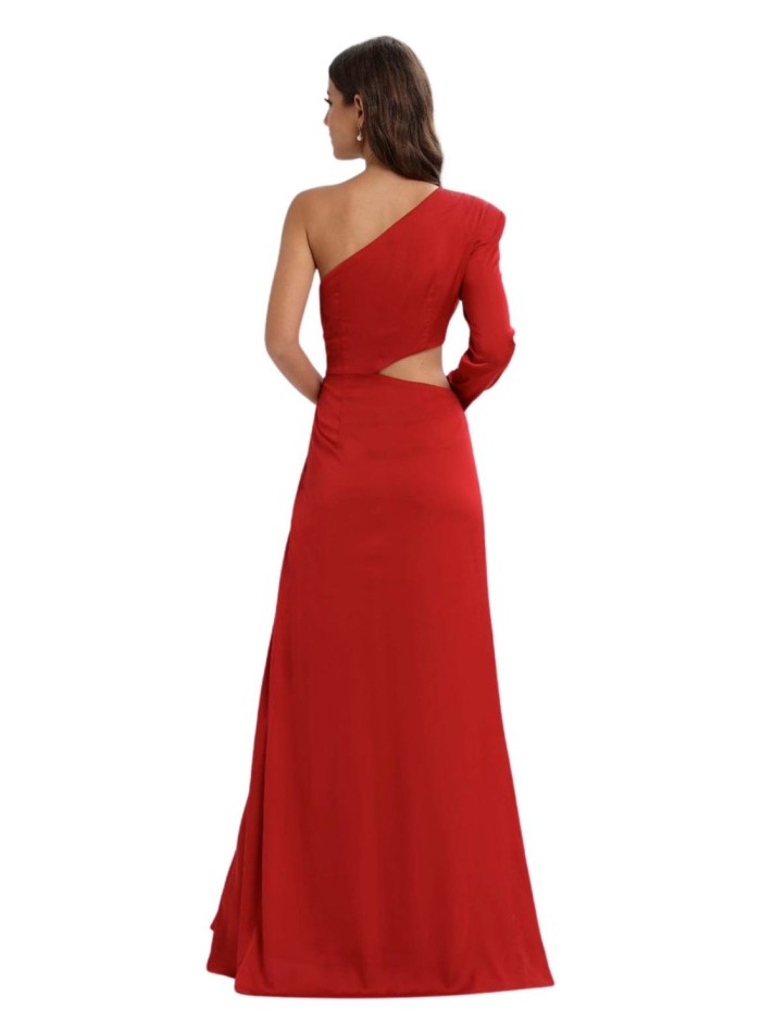 Long evening dress with one sleeve and side cut-out