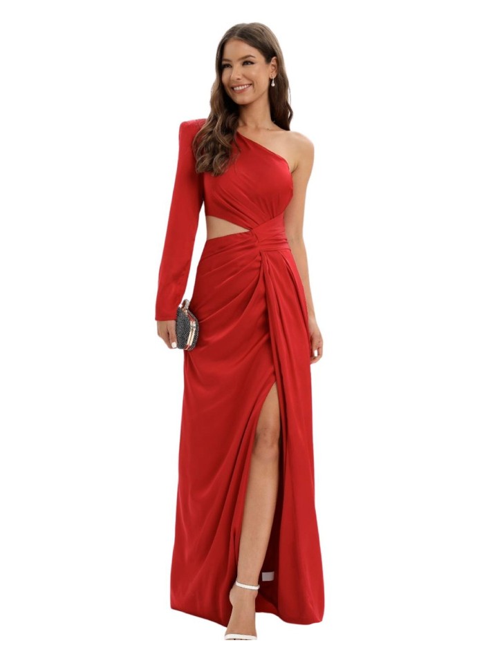 Long evening dress with one sleeve and side cut-out