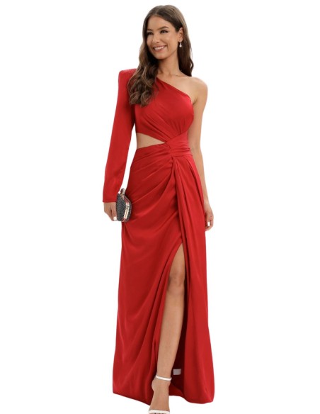 Long evening dress with one sleeve and side cut-out