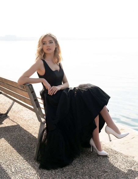 Midi party dress flared skirt with tulle and square neckline-4