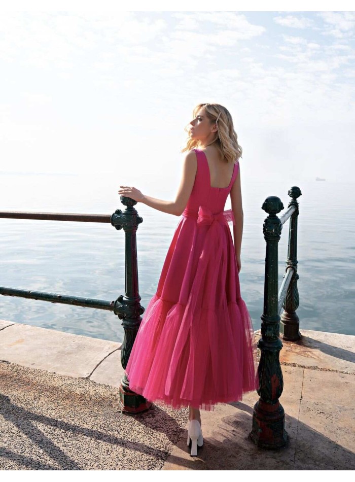 Midi party dress flared skirt with tulle and square neckline-2