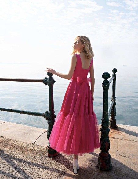 Midi party dress flared skirt with tulle and square neckline-2