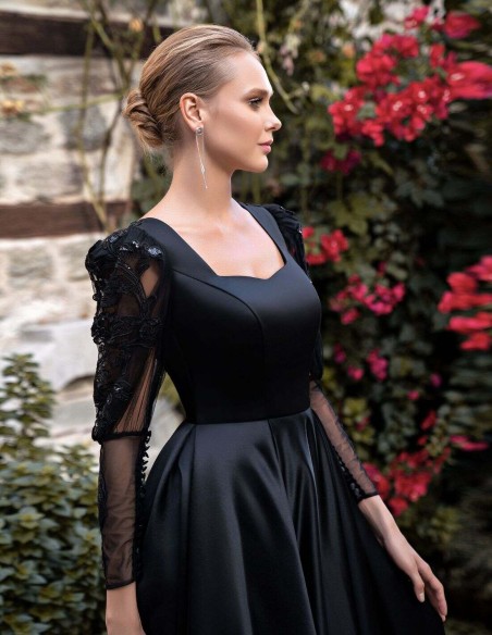 Long ball gown with embroidered sleeves and satin maxi skirt-3