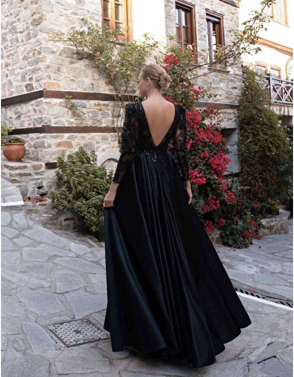 Long ball gown with embroidered sleeves and satin maxi skirt-1 2