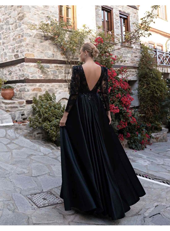 Long ball gown with embroidered sleeves and satin maxi skirt-2