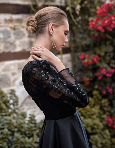 Long ball gown with embroidered sleeves and satin maxi skirt-4