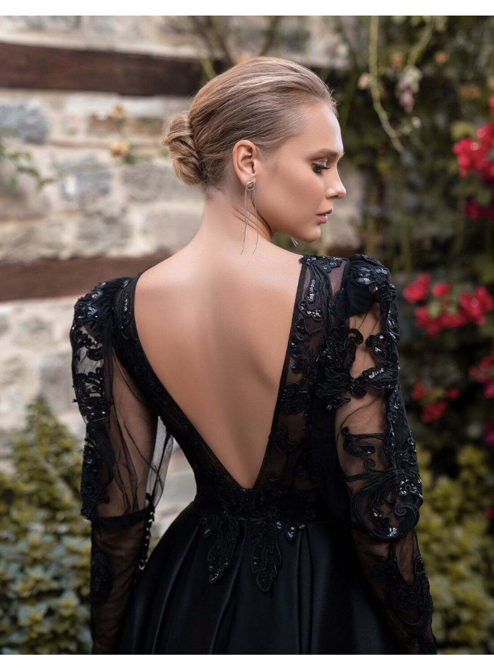 Long ball gown with embroidered sleeves and satin maxi skirt