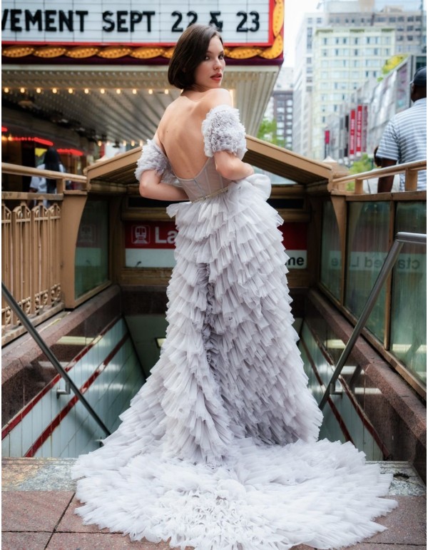 Long party dress with tulle ruffles and corset style bodice 2