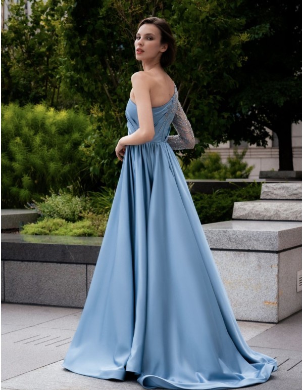 Long party dress with asymmetrical neckline and sleeves with rhinestones and transparencies. 2