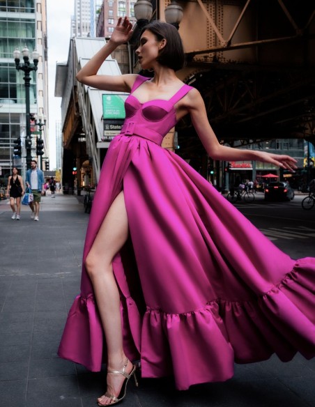 Long party dress with sweetheart neckline and side slit with belt