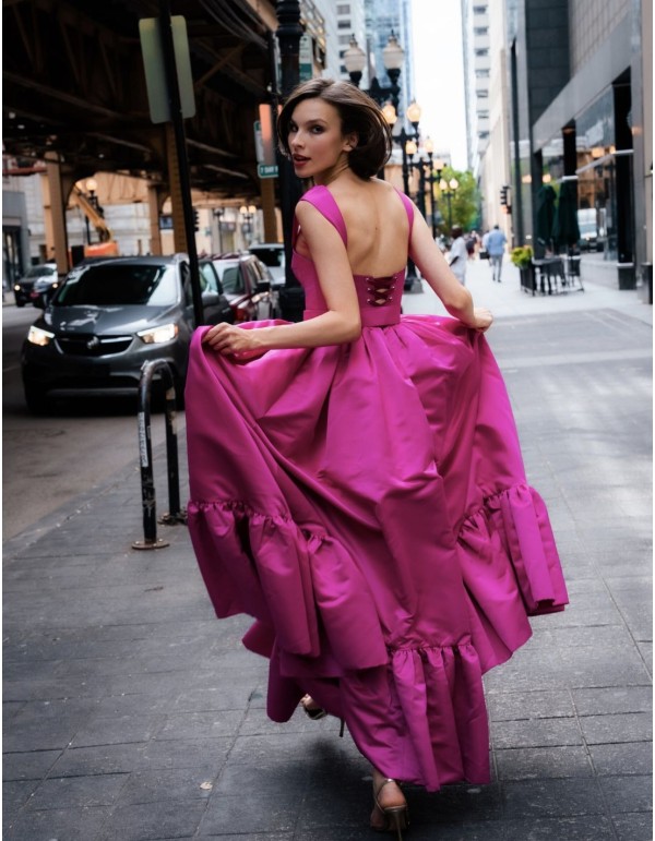 Vestido largo de fiesta con escote corazón y abertura lateral con cinturón 2